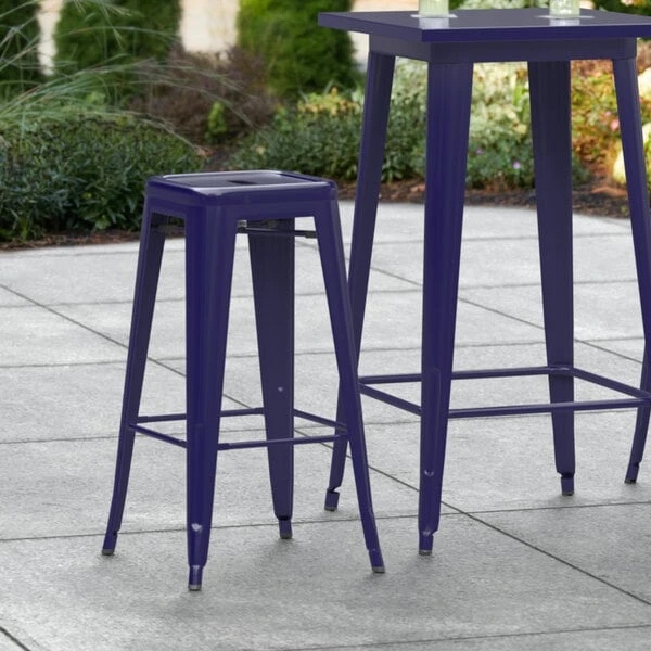 Outlet 💯 LT&S Alloy Series Lancaster Table & Seating Alloy Series Navy Stackable Metal Indoor / Outdoor Industrial Barstool With Drain Hole Seat 🌟