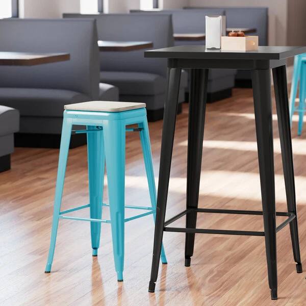 Deals ⭐ LT&S Alloy Series Lancaster Table & Seating Alloy Series Arctic Blue Stackable Metal Indoor Industrial Barstool With Gray Wood Seat ⭐