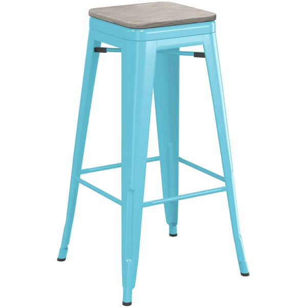 Deals ⭐ LT&S Alloy Series Lancaster Table & Seating Alloy Series Arctic Blue Stackable Metal Indoor Industrial Barstool With Gray Wood Seat ⭐ - Image 2