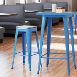 Best deal 🔔 LT&S Alloy Series Lancaster Table & Seating Alloy Series Blue Stackable Metal Indoor Industrial Barstool With Gray Wood Seat ❤️