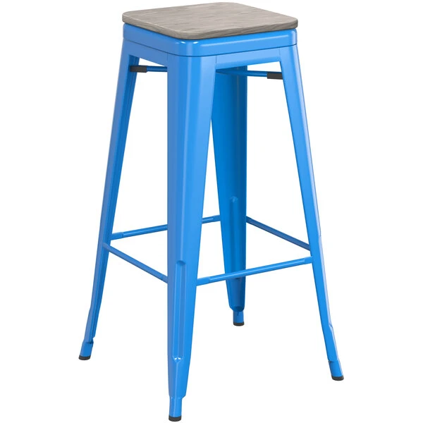 Best deal 🔔 LT&S Alloy Series Lancaster Table & Seating Alloy Series Blue Stackable Metal Indoor Industrial Barstool With Gray Wood Seat ❤️ - Image 2