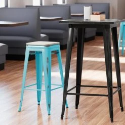 Cheapest 🔥 LT&S Alloy Series Lancaster Table & Seating Alloy Series Distressed Arctic Blue Stackable Metal Indoor Industrial Barstool With Gray Wood Seat ⭐