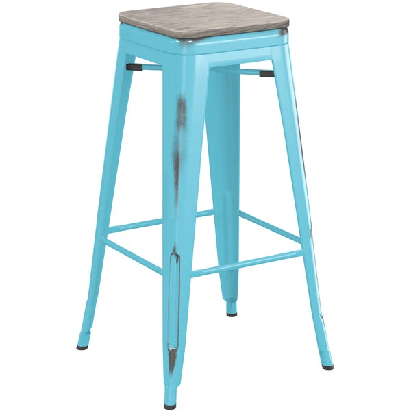 Cheapest ๐ฅ LT&S Alloy Series Lancaster Table & Seating Alloy Series Distressed Arctic Blue Stackable Metal Indoor Industrial Barstool With Gray Wood Seat โญ - Image 2
