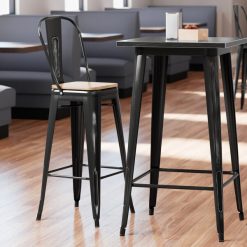 New ???? LT&S Alloy Series Lancaster Table & Seating Alloy Series Distressed Black Metal Indoor Industrial Cafe Bar Height Stool With Vertical Slat Back And Natural Wood Seat ????