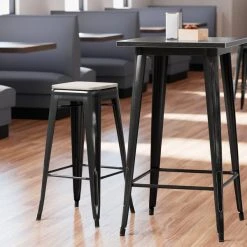 Brand new ❤️ LT&S Alloy Series Lancaster Table & Seating Alloy Series Distressed Black Stackable Metal Indoor Industrial Barstool With Gray Wood Seat 🥰