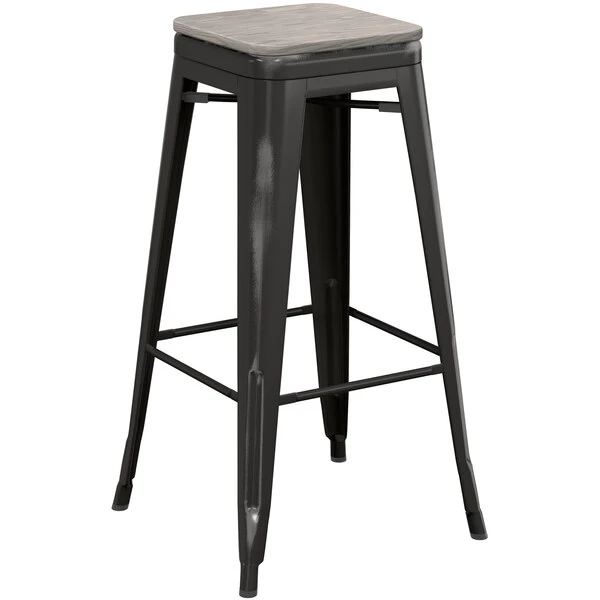 Brand new ❤️ LT&S Alloy Series Lancaster Table & Seating Alloy Series Distressed Black Stackable Metal Indoor Industrial Barstool With Gray Wood Seat 🥰 - Image 2