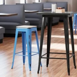Outlet 🎁 LT&S Alloy Series Lancaster Table & Seating Alloy Series Distressed Blue Stackable Metal Indoor Industrial Barstool With Gray Wood Seat ⭐