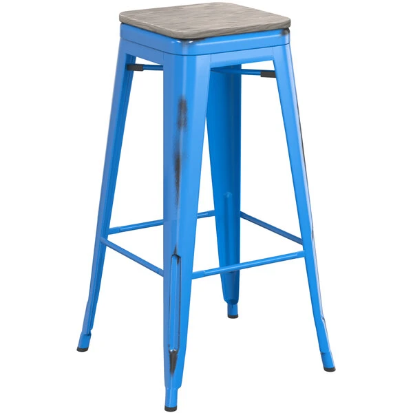 Outlet 🎁 LT&S Alloy Series Lancaster Table & Seating Alloy Series Distressed Blue Stackable Metal Indoor Industrial Barstool With Gray Wood Seat ⭐ - Image 2