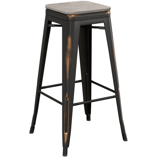 New 😍 LT&S Alloy Series Lancaster Table & Seating Alloy Series Distressed Copper Stackable Metal Indoor Industrial Barstool With Gray Wood Seat 🎉 - Image 2