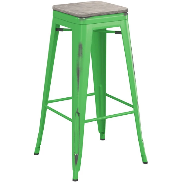 Cheap 🔔 LT&S Alloy Series Lancaster Table & Seating Alloy Series Distressed Green Stackable Metal Indoor Industrial Barstool With Gray Wood Seat 🤩 - Image 2