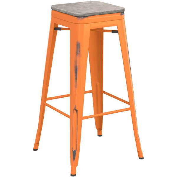 Brand new 😉 LT&S Alloy Series Lancaster Table & Seating Alloy Series Distressed Orange Stackable Metal Indoor Industrial Barstool With Gray Wood Seat 😀 - Image 2