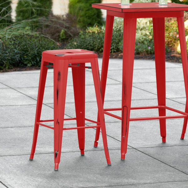 Hot Sale 🌟 LT&S Alloy Series Lancaster Table & Seating Alloy Series Distressed Red Stackable Metal Indoor / Outdoor Industrial Barstool With Drain Hole Seat 😉