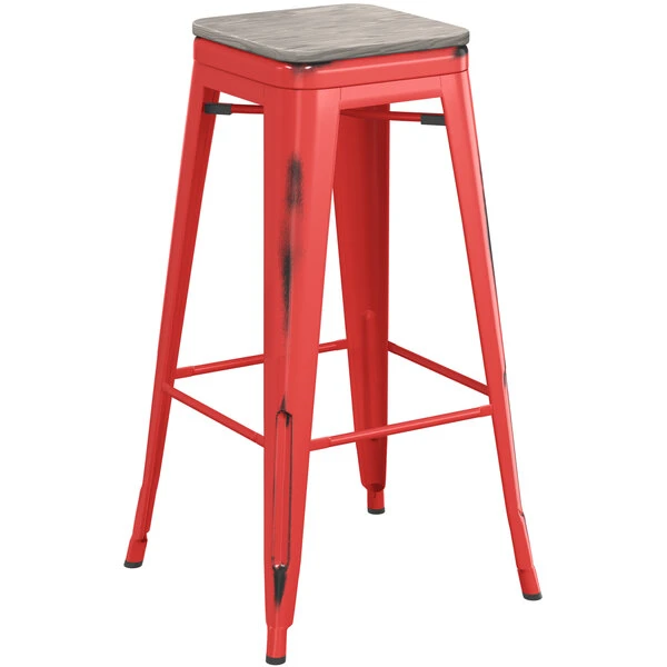 Flash Sale ๐ฅฐ LT&S Alloy Series Lancaster Table & Seating Alloy Series Distressed Red Stackable Metal Indoor Industrial Barstool With Gray Wood Seat โจ - Image 2