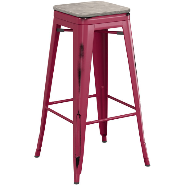 Lancaster Table & Seating Alloy Series Distressed Sangria Stackable Metal Indoor Industrial Barstool with Gray Wood Seat Outlet ???? LT&S Alloy Series Lancaster Table & Seating Alloy Series Distressed Sangria Stackable Metal Indoor Industrial Barstool With Gray Wood Seat ???? -Lancaster Shop unnamed file 1294