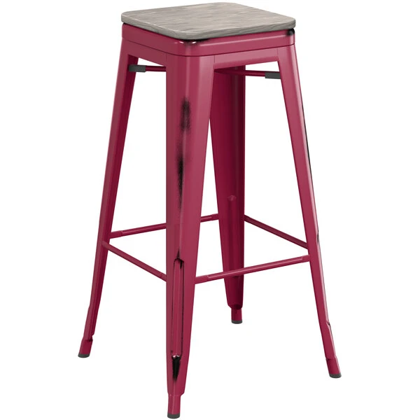 Outlet ๐งจ LT&S Alloy Series Lancaster Table & Seating Alloy Series Distressed Sangria Stackable Metal Indoor Industrial Barstool With Gray Wood Seat ๐ฏ - Image 2