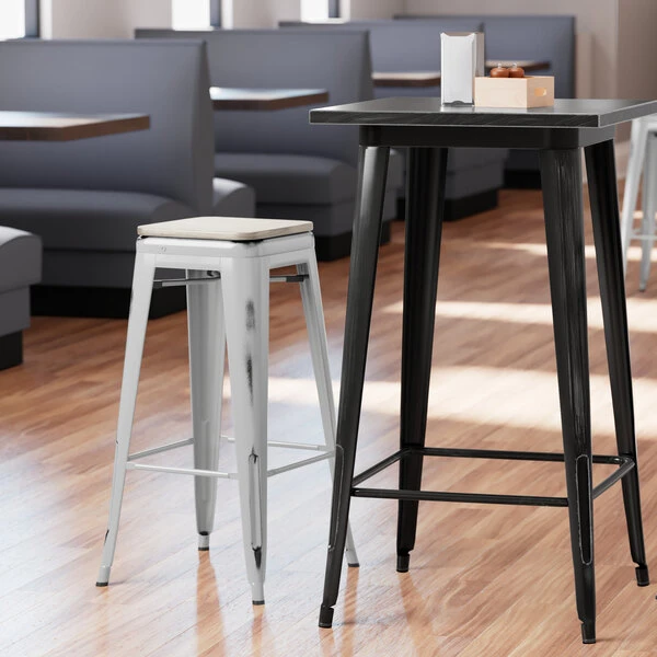 Best reviews of 👍 LT&S Alloy Series Lancaster Table & Seating Alloy Series Distressed Silver Stackable Metal Indoor Industrial Barstool With Gray Wood Seat 🌟