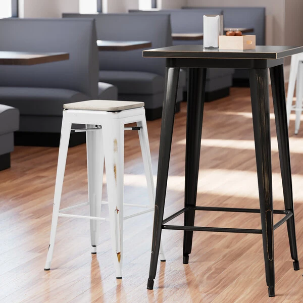 Wholesale ✔️ LT&S Alloy Series Lancaster Table & Seating Alloy Series Distressed White Stackable Metal Indoor Industrial Barstool With Gray Wood Seat 💯