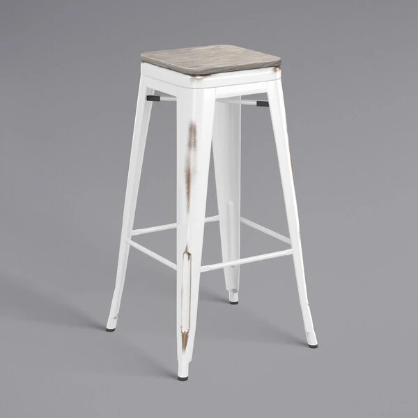 Wholesale ✔️ LT&S Alloy Series Lancaster Table & Seating Alloy Series Distressed White Stackable Metal Indoor Industrial Barstool With Gray Wood Seat 💯 - Image 2