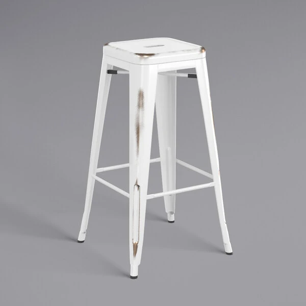 Wholesale ✔️ LT&S Alloy Series Lancaster Table & Seating Alloy Series Distressed White Stackable Metal Indoor Industrial Barstool With Gray Wood Seat 💯 - Image 3