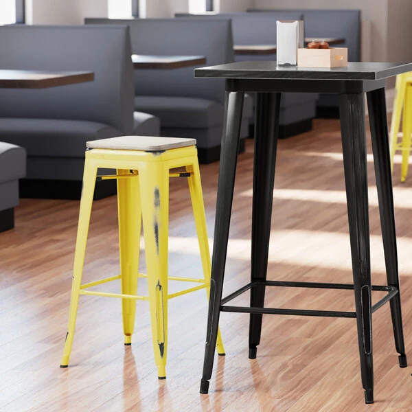 Outlet 🥰 LT&S Alloy Series Lancaster Table & Seating Alloy Series Distressed Yellow Stackable Metal Indoor Industrial Barstool With Gray Wood Seat 😍