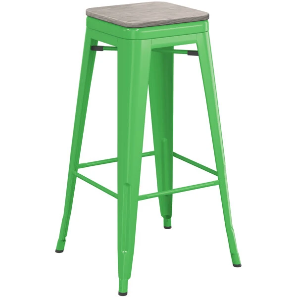 Flash Sale ✔️ LT&S Alloy Series Lancaster Table & Seating Alloy Series Green Stackable Metal Indoor Industrial Barstool With Gray Wood Seat 😉 - Image 2
