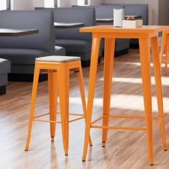 Outlet 👏 LT&S Alloy Series Lancaster Table & Seating Alloy Series Orange Stackable Metal Indoor Industrial Barstool With Gray Wood Seat 🥰