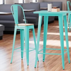Cheap ???? LT&S Alloy Series Lancaster Table & Seating Alloy Series Seafoam Metal Indoor Industrial Cafe Bar Height Stool With Vertical Slat Back And Natural Wood Seat ????