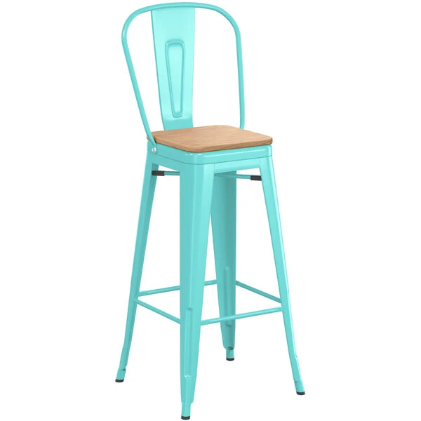 Cheap 🌟 LT&S Alloy Series Lancaster Table & Seating Alloy Series Seafoam Metal Indoor Industrial Cafe Bar Height Stool With Vertical Slat Back And Natural Wood Seat 😀 - Image 2