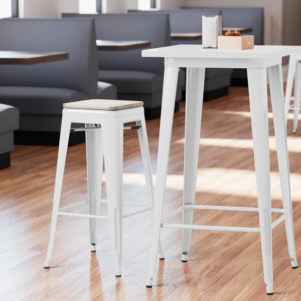Lancaster Table & Seating Alloy Series White Stackable Metal Indoor Industrial Barstool with Gray Wood Seat Promo ???? LT&S Alloy Series Lancaster Table & Seating Alloy Series White Stackable Metal Indoor Industrial Barstool With Gray Wood Seat ???? -Lancaster Shop unnamed file 1336
