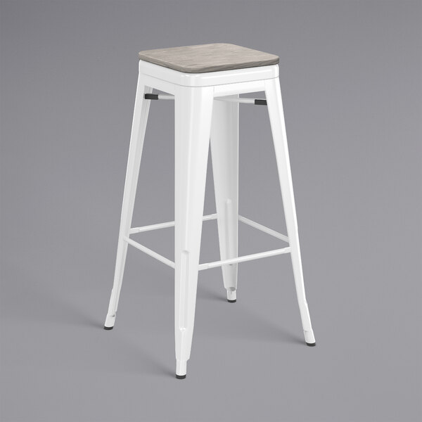 Lancaster Table & Seating Alloy Series White Stackable Metal Indoor Industrial Barstool with Gray Wood Seat Promo ???? LT&S Alloy Series Lancaster Table & Seating Alloy Series White Stackable Metal Indoor Industrial Barstool With Gray Wood Seat ???? -Lancaster Shop unnamed file 1337