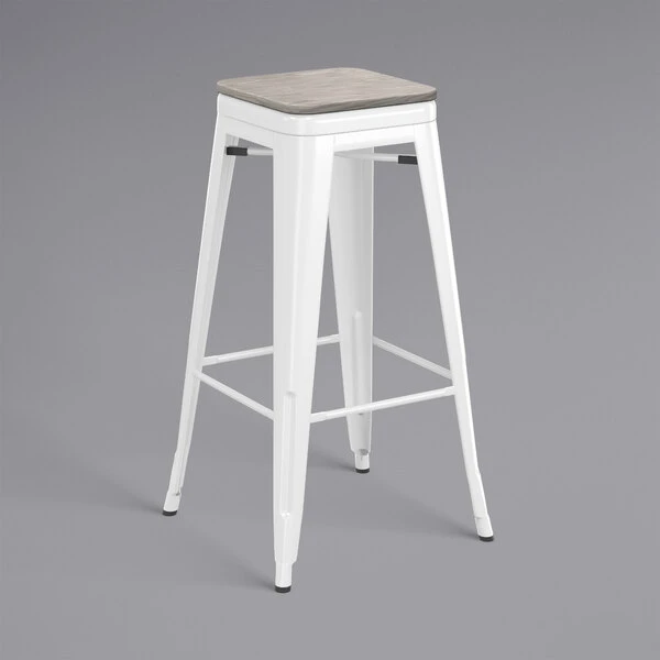 Promo 😉 LT&S Alloy Series Lancaster Table & Seating Alloy Series White Stackable Metal Indoor Industrial Barstool With Gray Wood Seat 💯 - Image 2