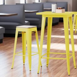Outlet ???? LT&S Alloy Series Lancaster Table & Seating Alloy Series Yellow Stackable Metal Indoor Industrial Barstool With Gray Wood Seat ????