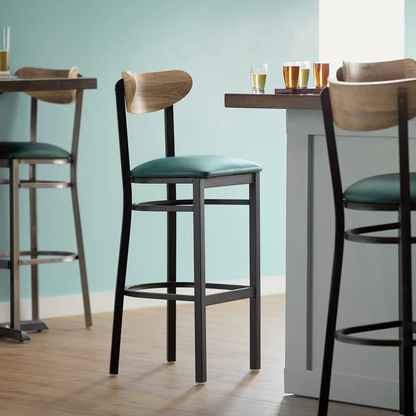 Outlet 🔔 LT&S Boomerang Series Lancaster Table & Seating Boomerang Bar Height Black Chair With Green Vinyl Seat And Driftwood Back 🎁