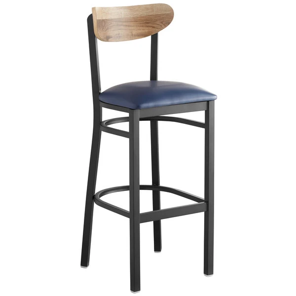 Cheap 🎉 LT&S Boomerang Series Lancaster Table & Seating Boomerang Bar Height Black Chair With Navy Vinyl Seat And Driftwood Back 🎉 - Image 2