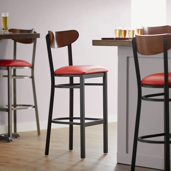 Discount โค๏ธ LT&S Boomerang Series Lancaster Table & Seating Boomerang Bar Height Black Chair With Red Vinyl Seat And Antique Walnut Back โ๏ธ