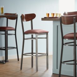 Brand new ???? LT&S Boomerang Series Lancaster Table & Seating Boomerang Bar Height Clear ???? Coat Chair With Burgundy Vinyl Seat And Antique Walnut Back ????