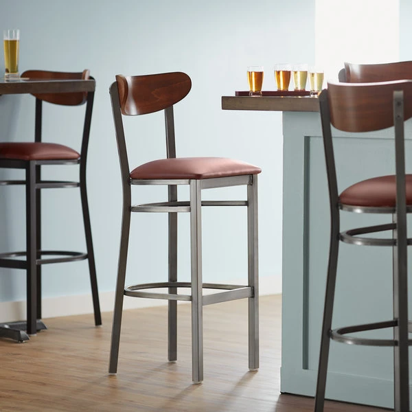 Brand new ๐ LT&S Boomerang Series Lancaster Table & Seating Boomerang Bar Height Clear ๐งฅ Coat Chair With Burgundy Vinyl Seat And Antique Walnut Back ๐คฉ