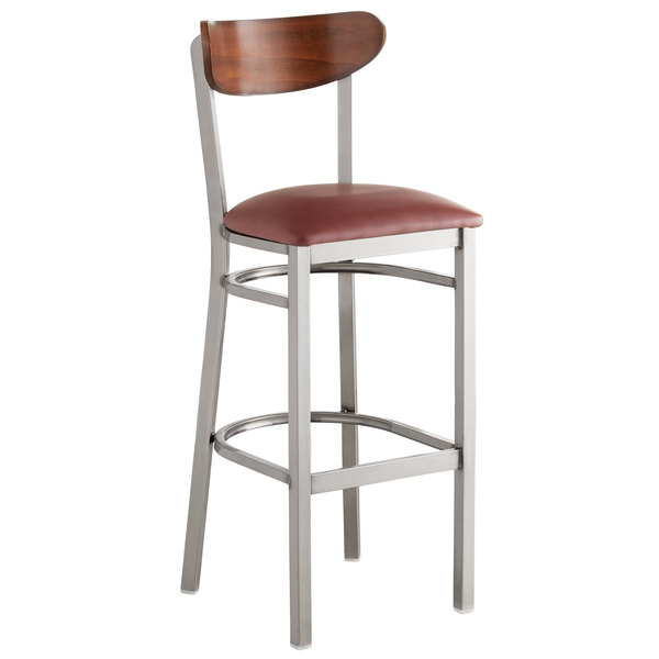 Lancaster Table & Seating Boomerang Bar Height Clear Coat Chair with Burgundy Vinyl Seat and Antique Walnut Back Brand new ???? LT&S Boomerang Series Lancaster Table & Seating Boomerang Bar Height Clear ???? Coat Chair With Burgundy Vinyl Seat And Antique Walnut Back ???? -Lancaster Shop unnamed file 1379