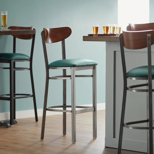 Discount 🥰 LT&S Boomerang Series Lancaster Table & Seating Boomerang Bar Height Clear 🧥 Coat Chair With Green Vinyl Seat And Antique Walnut Back 🤩