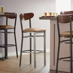 Budget 👏 LT&S Boomerang Series Lancaster Table & Seating Boomerang Bar Height Clear 🧥 Coat Chair With Light Brown Vinyl Seat And Antique Walnut Back ✔️