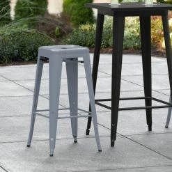 Hot Sale 🔥 LT&S Alloy Series Lancaster Table & Seating Alloy Series Charcoal Stackable Metal Indoor / Outdoor Industrial Barstool With Drain Hole Seat ✔️