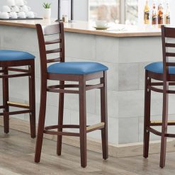 Buy ???? Lancaster Table & Seating Mahogany Finish Wooden Ladder Back Bar Height Chair With Blue Padded Seat ❤️