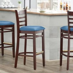 Buy 👏 Lancaster Table & Seating Mahogany Finish Wooden Ladder Back Bar Height Chair With Blue Padded Seat ❤️
