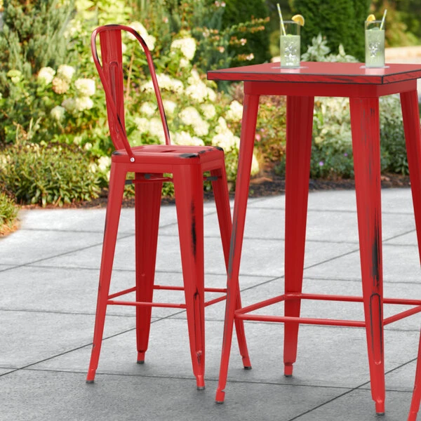 Budget 🛒 LT&S Alloy Series Lancaster Table & Seating Alloy Series Distressed Red Metal Indoor / Outdoor Industrial Cafe Barstool With Vertical Slat Back And Drain Hole Seat 🥰