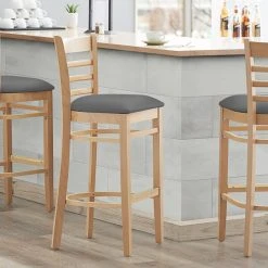 Cheapest ๐คฉ Lancaster Table & Seating Natural Finish Wooden Ladder Back Bar Height Chair With Dark Gray Padded Seat ๐