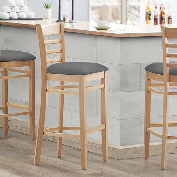 Lancaster Table & Seating Natural Finish Wooden Ladder Back Bar Height Chair with Dark Gray Padded Seat Cheapest ???? Lancaster Table & Seating Natural Finish Wooden Ladder Back Bar Height Chair With Dark Gray Padded Seat ???? -Lancaster Shop unnamed file 1440