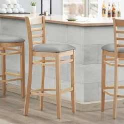 Best Pirce ๐ Lancaster Table & Seating Natural Finish Wooden Ladder Back Bar Height Chair With Light Gray Padded Seat โญ