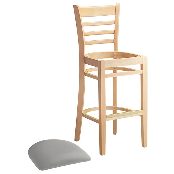 Best Pirce ๐ Lancaster Table & Seating Natural Finish Wooden Ladder Back Bar Height Chair With Light Gray Padded Seat โญ - Image 4