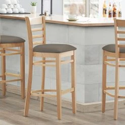 Best Pirce โจ Lancaster Table & Seating Natural Finish Wooden Ladder Back Bar Height Chair With Taupe Padded Seat ๐