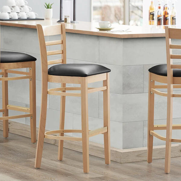 Discount ⌛ Lancaster Table & Seating Natural Ladder Back Bar Height Chair With Black Padded Seat 🤩